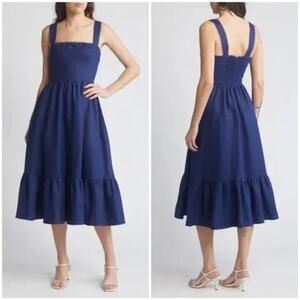 Reformation Rowen Square Neck Smocked Linen Dress  Danube Blue